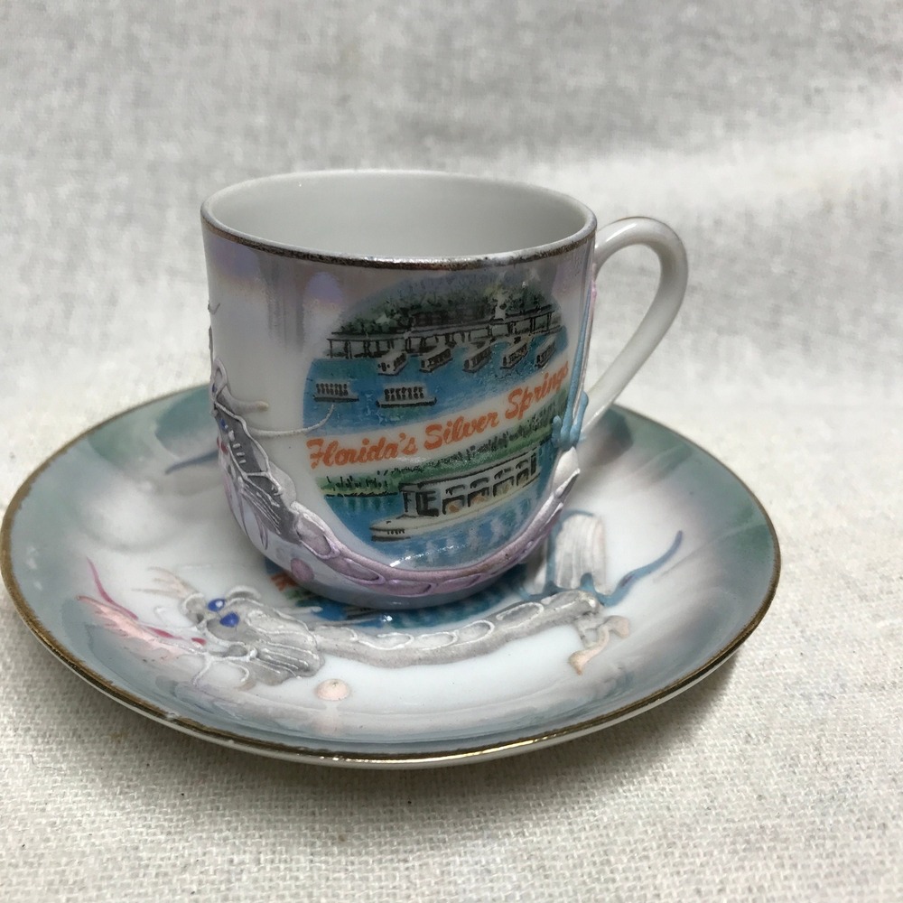 Vintage Silver Springs Souvenir Cup and Saucer: Moriage Dragonware, Kenmar Japan